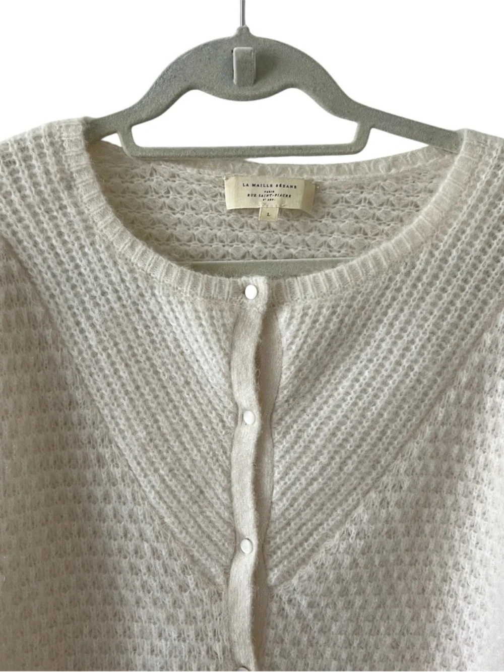 Sezane Solena Cardigan Sweater Kid Mohair Wool Ecru Large Fancy Knit Puff Sleeve - Picture 8 of 16